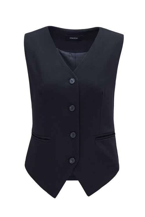 Black Solid Color Button up V Neck Suit Vest