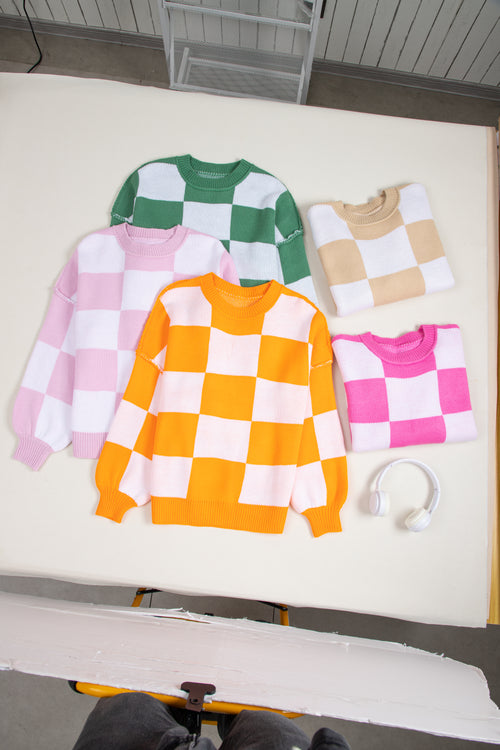 Orange Checkered Bishop Sleeve Sweater