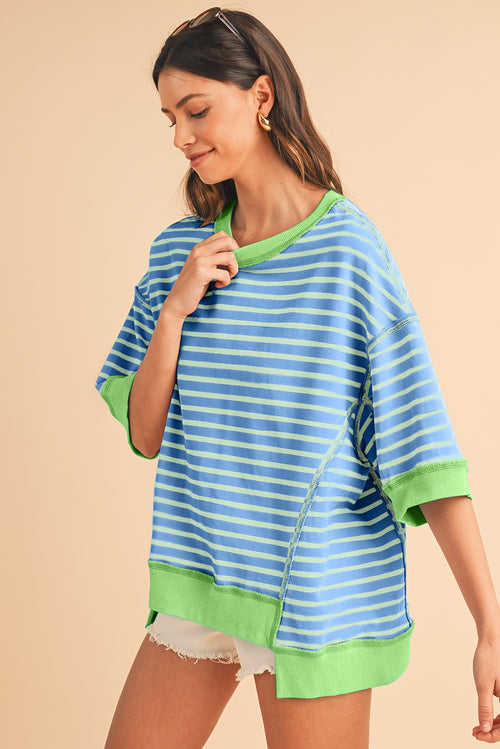 Sky Blue Stripe Contrast Drop Sleeve Loose