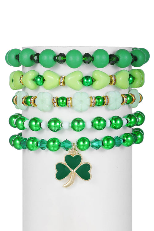 Green Clover Pendant Beaded 5pcs Bracelet Set