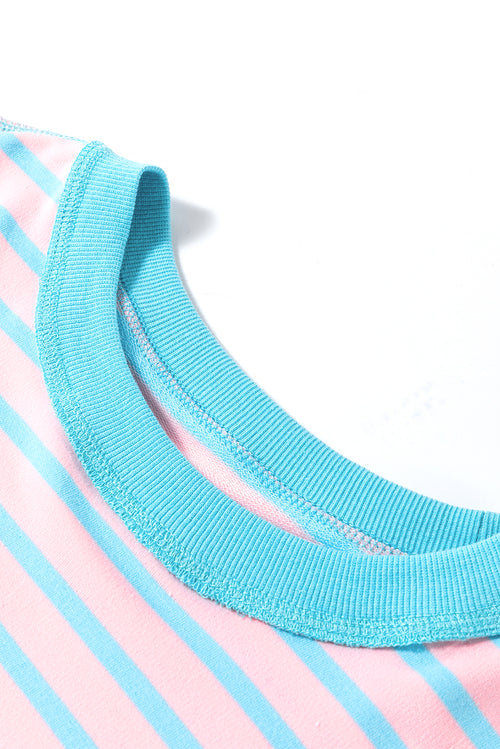 Sky Blue Stripe Contrast Drop Sleeve Loose