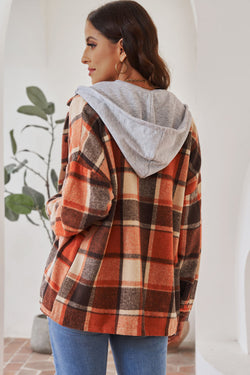 Orange Plaid Button Front Hooded
