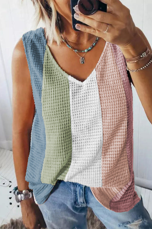 Multicolor Color Block Casual V Neck Waffle Knit Tank Top