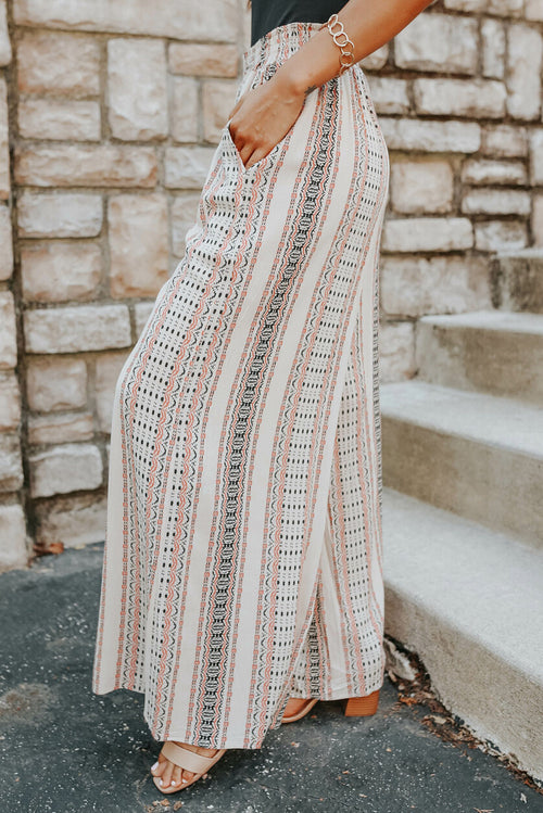 Beige Geometric Print Casual Shirred Wide Leg Pants