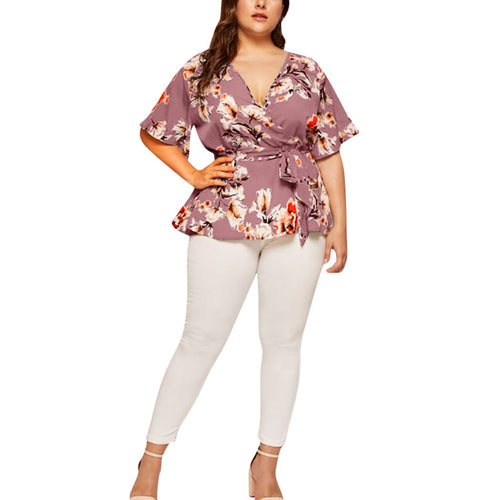 Summer Plus Size Blouse Print Waist Shirts V-Neck Loose Tops Short-sleeve Blouse Women Elegant Clothes Blusas Mujer