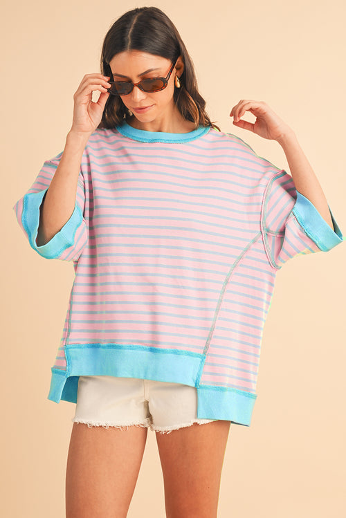 Sky Blue Stripe Contrast Drop Sleeve Loose