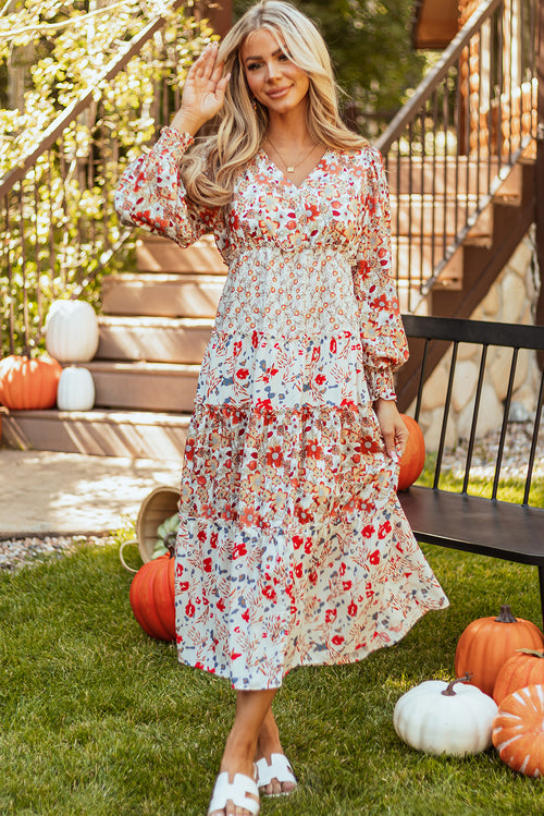 Khaki Floral Print Ruffled Tiered Long Sleeve V Neck Midi