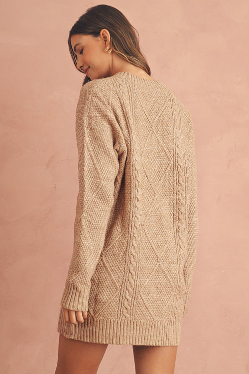 Parchment Twist Cable Knit Drop Shoulder Loose Fit Sweater Dress