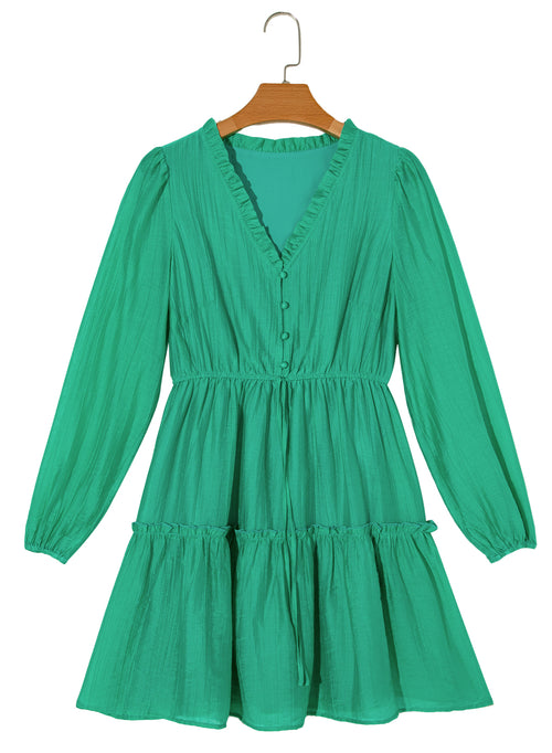 Sea Green Frilly V Neck Puff Sleeve Drawstring Shift Mini