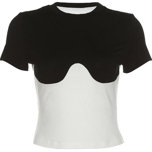 Eenvoudig casual kleurcontrast stiksel All-Match dunne zomerstraat strak ademend dames basic kort top-T-shirt