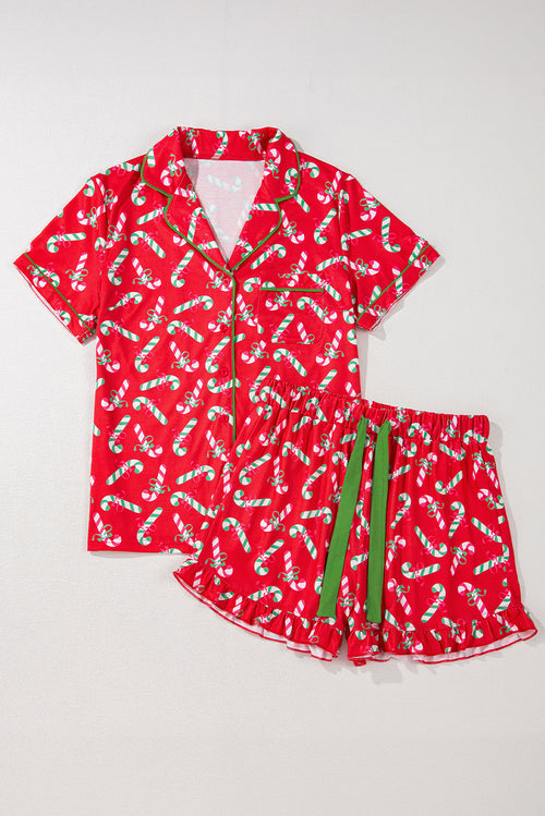 Candy Cane Print Pocketed Knotted Pajama Set