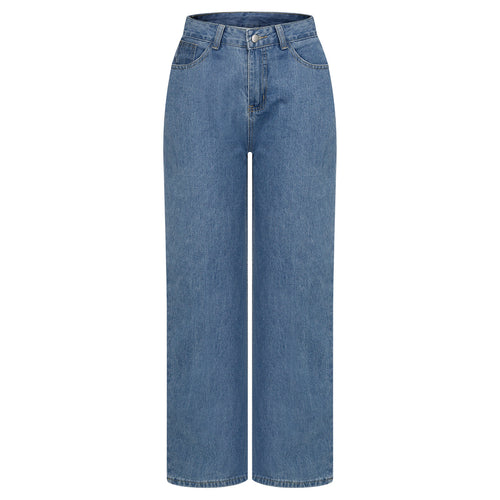 Dames hoge taille losse zak blauwe effen kleurenprint brede jeans