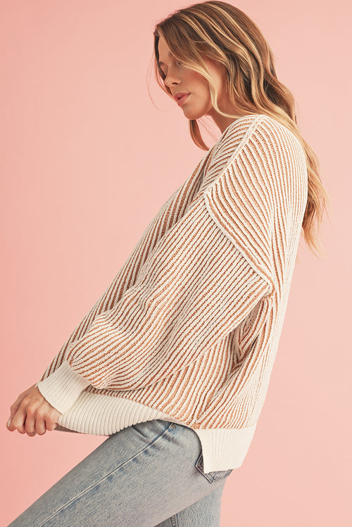 Chestnut Striped Contrast Trim Loose Sweater