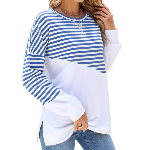 Striped Printed Long Sleeve Round Neck Pullover Split