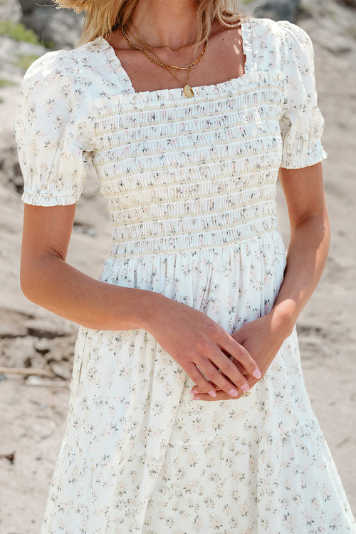 White Frilly Shirred Bodice Tiered Floral Maxi