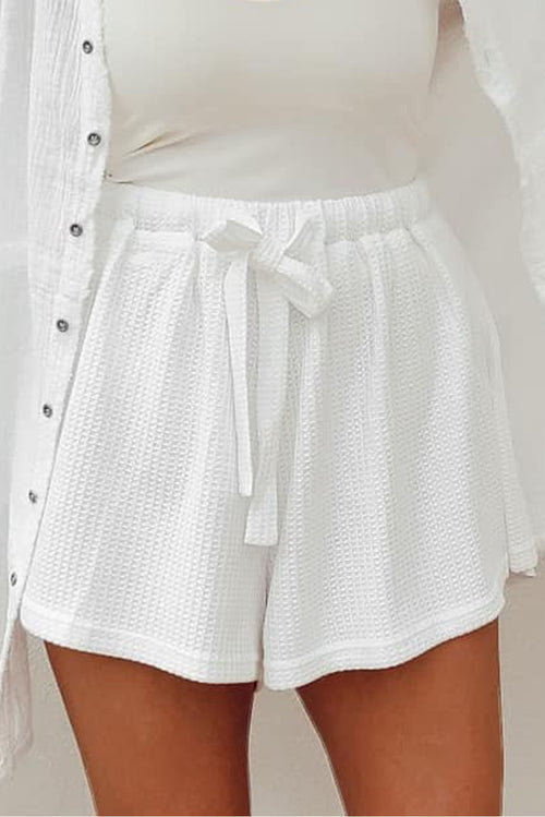 White Waffle Knit Lace-up High Waist Wide Leg