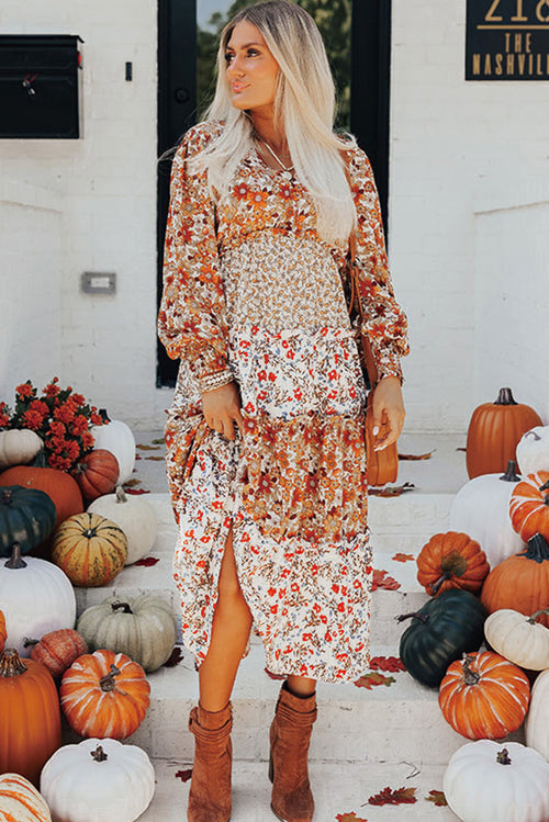 Khaki Floral Print Ruffled Tiered Long Sleeve V Neck Midi