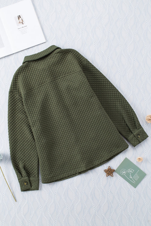 Green Lattice Texture Pockets Button Up Quilted