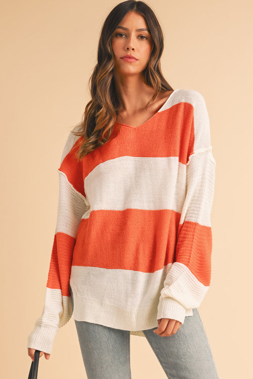 Orange Colorblock V Neck Side Slits Sweater