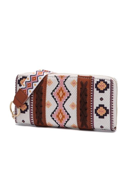 White Geometric Print PU Leather Wristlet Wallet