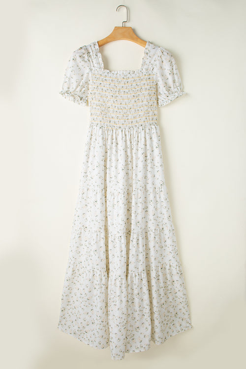 White Frilly Shirred Bodice Tiered Floral Maxi