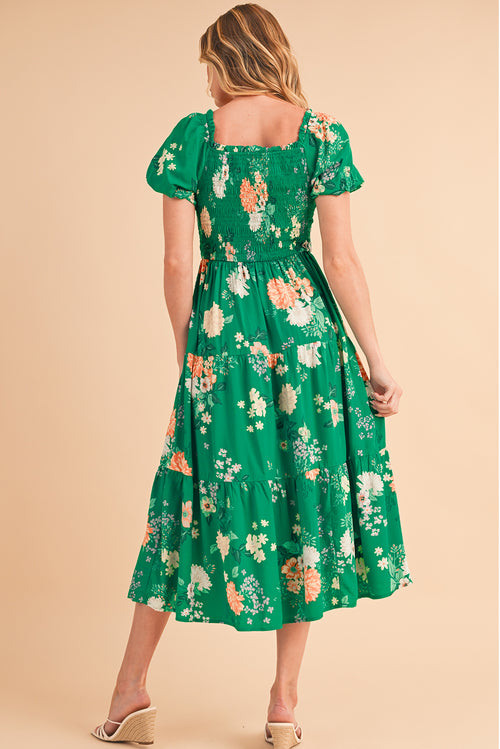 Green Floral Print Bubble Sleeve Smocked Tiered Midi Dress