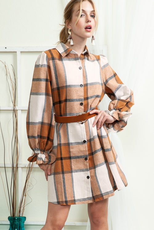 Khaki Plaid Pattern Collared Neck Ruffled Sleeve Shirt Dress