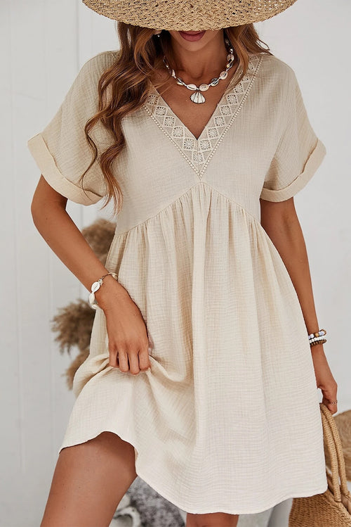 Beige Lace Splicing V Neck Rolled Up Sleeve Empire Waist Mini Dress