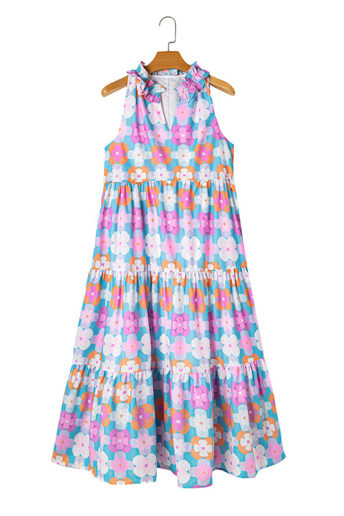 Pink Abstract Print Frill Split Neck Tiered Maxi Dress