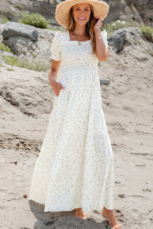 White Frilly Shirred Bodice Tiered Floral Maxi