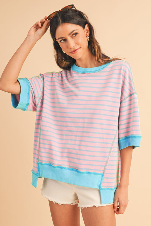 Sky Blue Stripe Contrast Drop Sleeve Loose