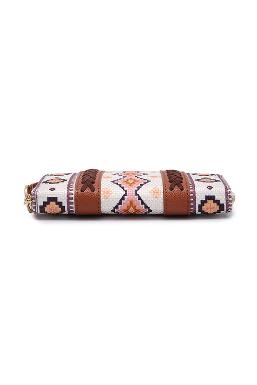 White Geometric Print PU Leather Wristlet Wallet