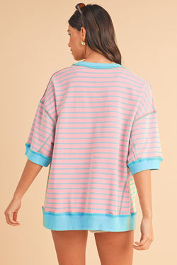 Sky Blue Stripe Contrast Drop Sleeve Loose