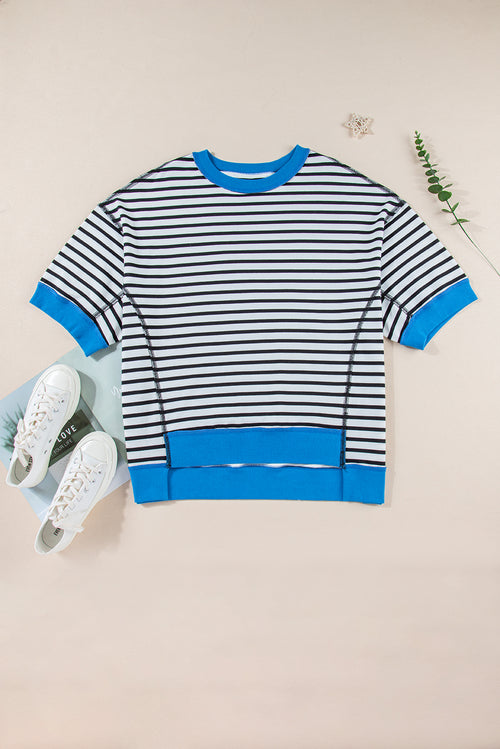 Sky Blue Stripe Contrast Drop Sleeve Loose