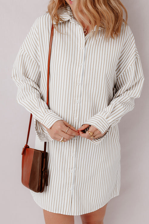 Khaki Stripe Long Sleeve Button Up Mini