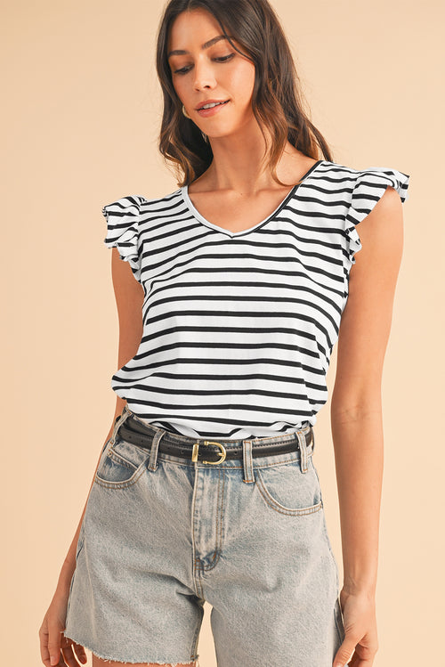 White Stripe V Neck Knotted Backless Ruffle