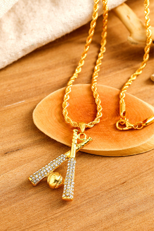 Gold Rhinestone Baseball Bat Pendant Necklace