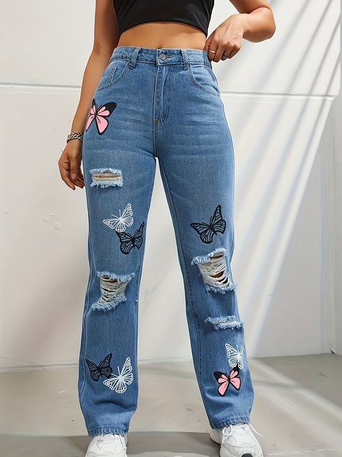 High Waisted Straight Leg Trendy Butterfly Print Ripped