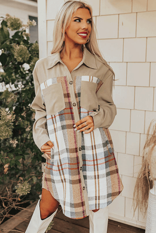 Khaki Plaid Patchwork Long Sleeve Jacket