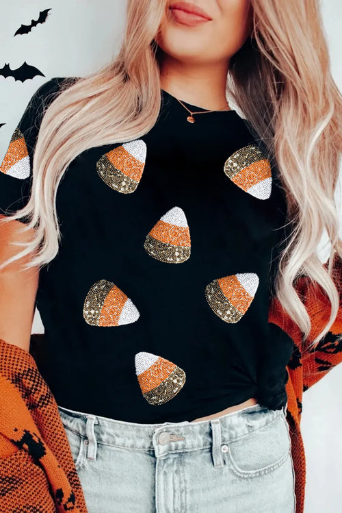 Black Funny Sequin Candy Corn Graphic Tee