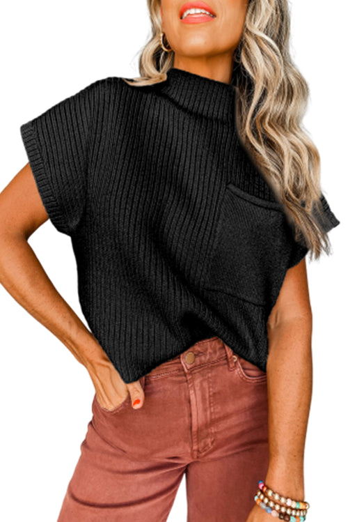 Black Patch Pocket Ribbed Knit Short Sleeve