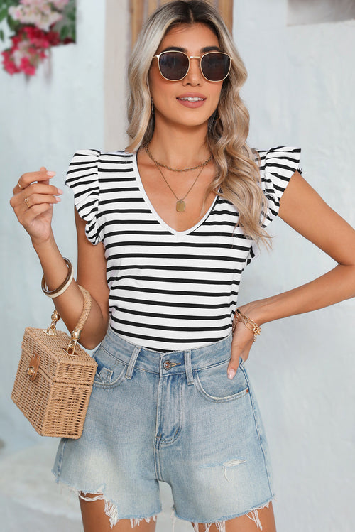 White Stripe V Neck Knotted Backless Ruffle