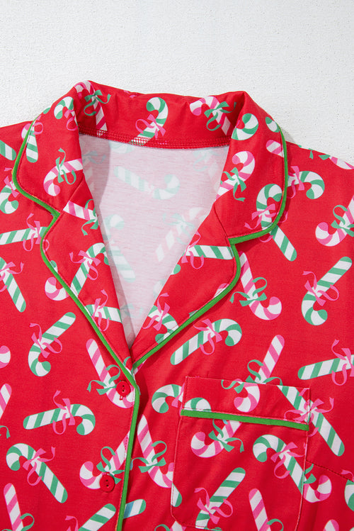 Candy Cane Print Pocketed Knotted Pajama Set