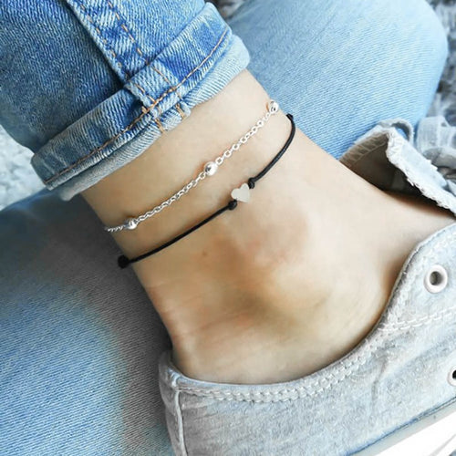 Ladies Stainless Steel Double Layer Love Leather Rope Leg Chain Anklet Bracelet