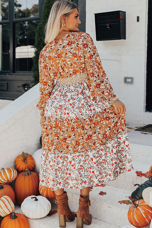 Khaki Floral Print Ruffled Tiered Long Sleeve V Neck Midi