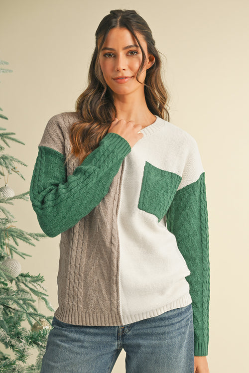 Vineyard Green Colorblock Pocket Drop Shoulder Sweater