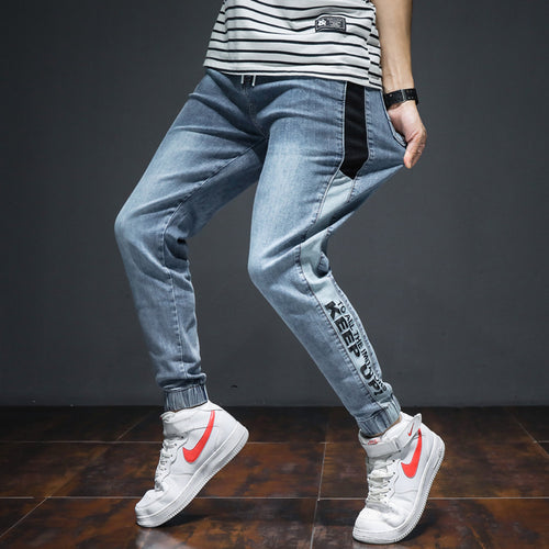 Streetwear Heren Blauwe Kleur Denim Harem Hombre Streep Gesplitste Japanse Stijl Hip Hop Joggers Jeans