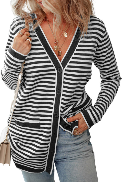 Black Striped Pocketed Button Long Cardigan