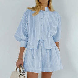 Cotton Striped Shirt O-Neck Lantern Sleeve Top Elastic Waist Shorts