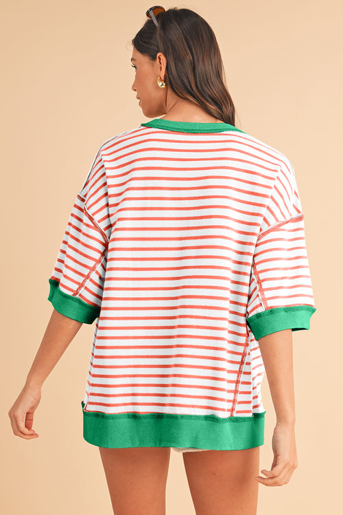 Sky Blue Stripe Contrast Drop Sleeve Loose